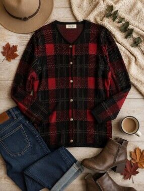 Laura Buffalo Plaid Cardigan Sweater Red Black Button Front Cozy Cottagecore